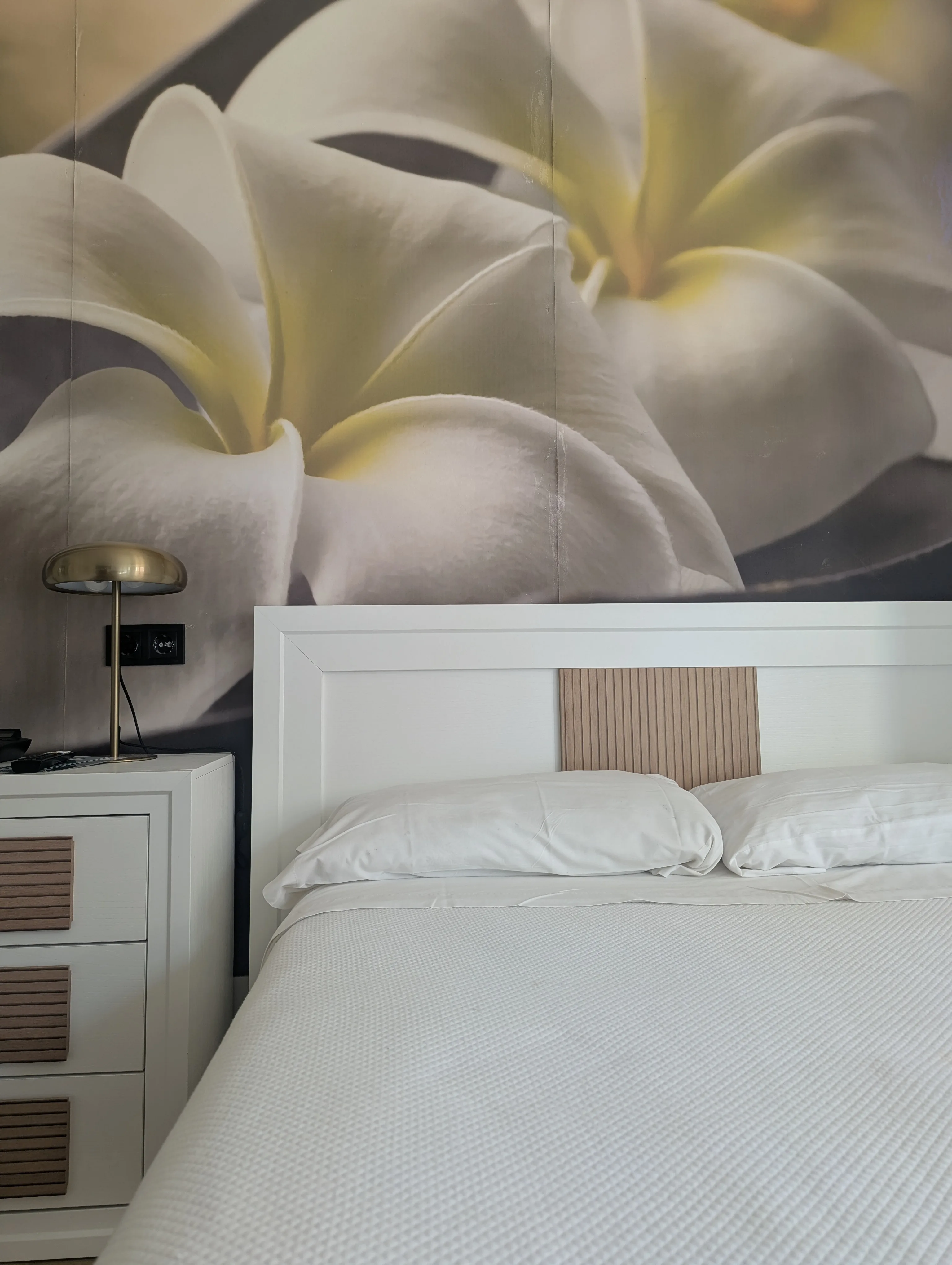 Cabecera con mural floral en habitación doble con vistas de Hostal La Mexicana