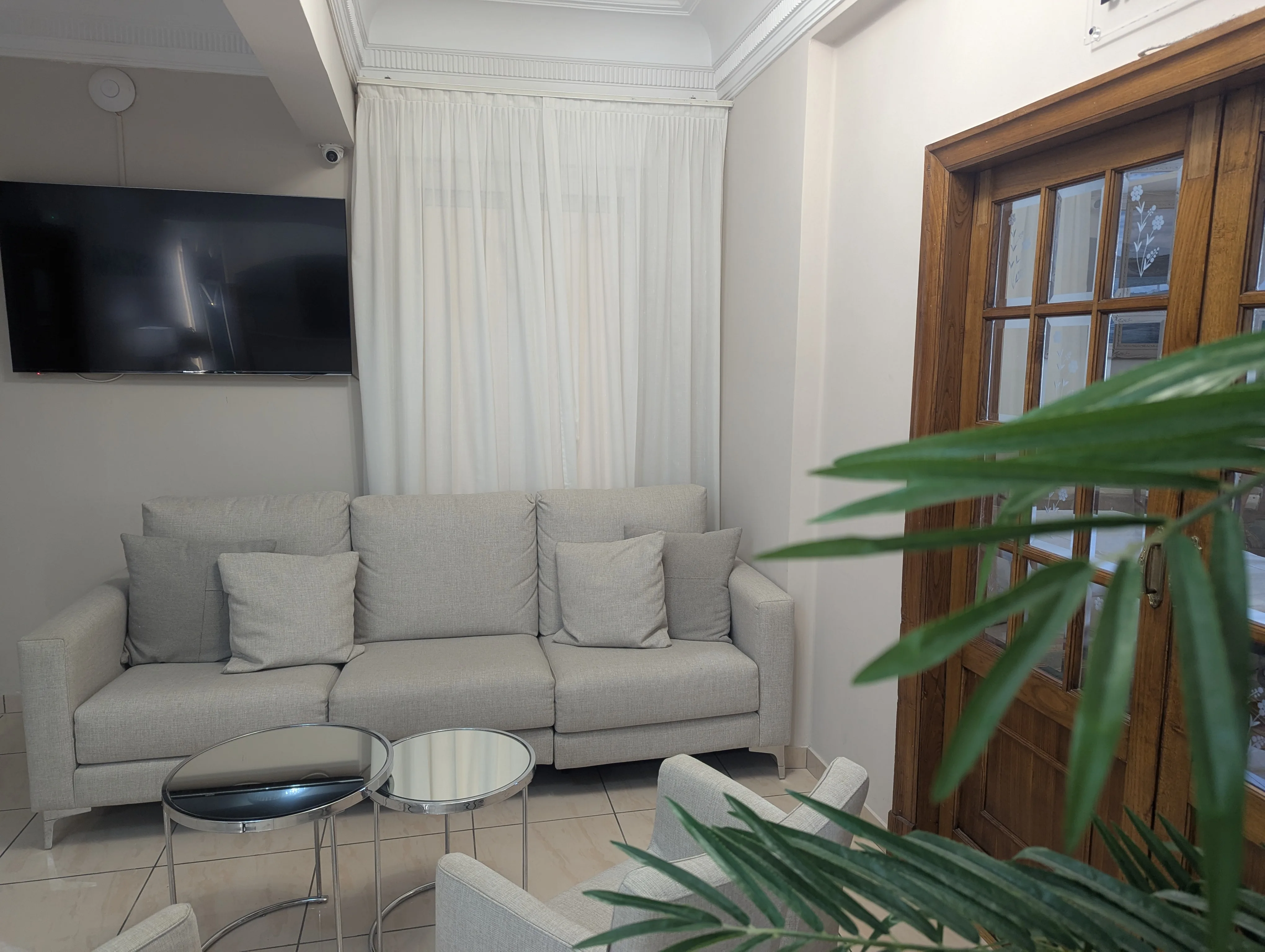 Sala de estar de las zonas comunes de Hostal La Mexicana con sofá gris, televisión y plantas